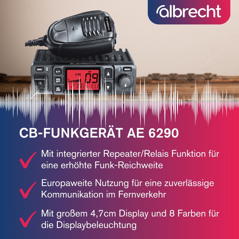 Albrecht AE6290 CB Radio, 12629, with Integrated Repeater/Relay Function, 12/24V,