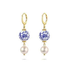 Gold-Plated Four Floral Bead and Pearl Earrings – Handcrafted Ceramic Beads with Delicate Pearl Drop, 2.2INCH, Pearl Metal, Pearl