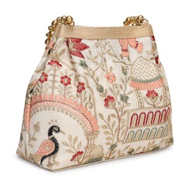 LONGING TO BUY Indian Ethnic Designer Embroidered Silk Potli Bag Batwa Pearls Handle Purse, White Multi-002