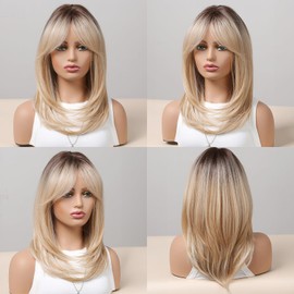 YINCNSI Ombre Blonde Wigs for Women,Long Layered wig with Bangs Dark Root to Blonde Synthetic Wig Heat Resistant Hair for Party Cosplay Daily Use (20 Inch)