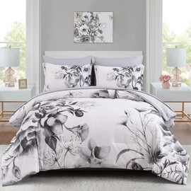 Luxudecor Floral Comforter Set King Size 7 Piece, Black Flower Bed in a Bag, Elegant Ink Comforter Bedding Set for All Season (Ink, 104"x90")