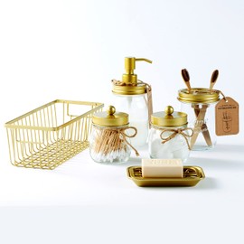 SheeChung 6Pcs Mason Jars Bathroom Accessories Set Complete - Toothbrush Holder, Lotion Soap Dispenser, 2 Mason Jars, Soap Dish, Toilet Paper Basket, Rustic Farmhouse Decor (Gold, 6Pcs Bathroom Set)