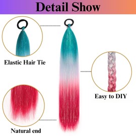 26 Inch Hair Tinsel Colored Braided Ponytail for Kids, 2 Pack Gradient Tinsel Hair Extensions Ponytail with Tie, DIY Festival Wacky Rave Braids, Ombre Green to Grey to Red