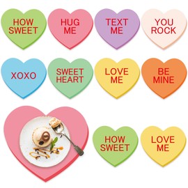 Whaline 50 Pack Valentine's Day Paper Placemats Conversation Heart Disposable Table Mat Colorful Heart Shape Decorative Paper Mats for Tableware Decor, 13 x 12 Inch