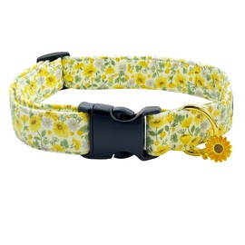 TEEMERRYCA Yellow Ditsy Floral Cotton Dog Collars with a Sunflower Shaped Charm Spring Beautiful Flower Pet Collar for Medium Dogs Girl Boy, M