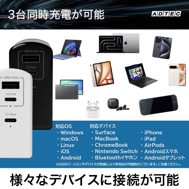 ADTECH APD-A105AC2-WH PD Charger, 105W (Single 100W) 3 Ports [USB-C