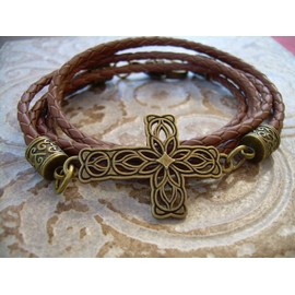 Handmade Antique Bronze Triple Wrap Filigreed Cross Leather Bracelet with Heart Clasp