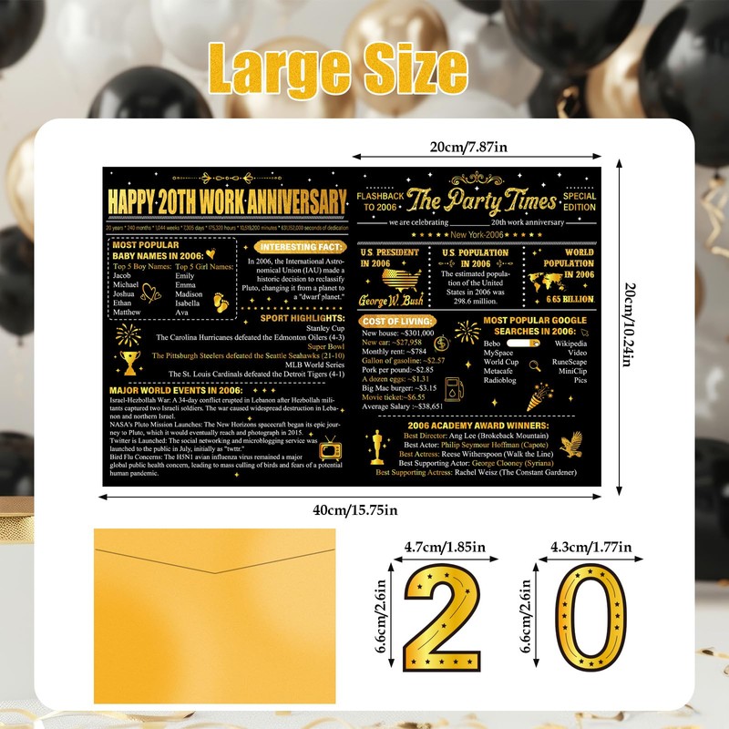 TAKEALOOKO Large 20th Work Anniversary Card - Black Gold 3D