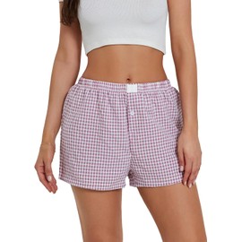 Women's Summer Striped Shorts and Plaid Elastic Waist Shorts Sleepwear Micro Bottoms Lounge（Purple 2XL）