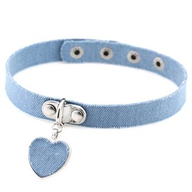FASUND Women Bohemian Denim Jean Choker Collar Necklaces Fashion Heart Pendant Chokers Necklaces Jewelry Light Blue