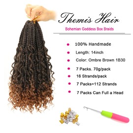 Themis Hair Bohemian Crochet Box Braids With Curly Ends 14inch 7packs Ombre Goddess Crochet Braids Prelooped Short Boho Braid Hair Extensions For Girls Women(14inch,M1B30)