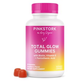 Pink Stork Total Glow Gummies - Hair, Skin, and Nails Vitamins - 11 Vitamins & Nutrients - Biotin, Vitamin A, B6, B12, Folate - Beautiful Hair, Radiant Skin, and Strong Nails - 60 Berry Biotin Gummies
