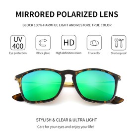 SUNGAIT Classic Square Frame Sunglasses Retro Style for Men Women (Tortoise Frame/Polarized Green Mirror Lens, 54) Composite Frame 1509PGHPKLV
