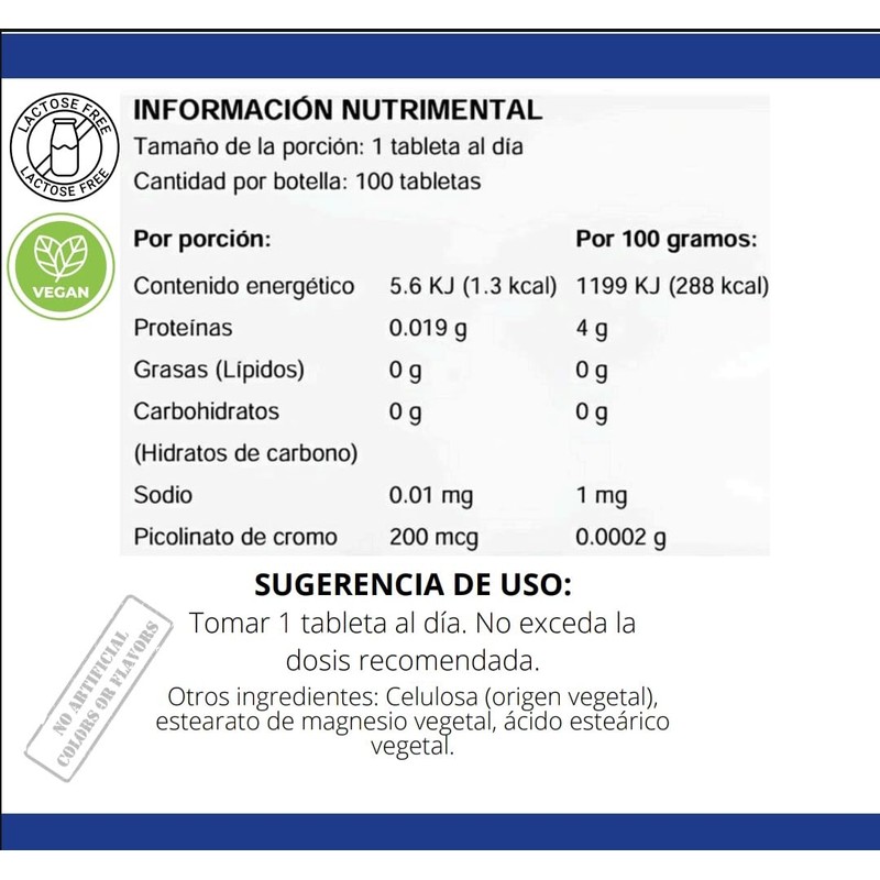 Picolinato de cromo 200 mcg sumunistro 100 días