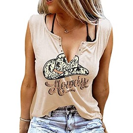 Vintage Howdy Tank Top Women Country Southern Western Cowgirl Leopard Hat Summer V Neck Ring Hole Sleeveless Tank Vest-Beige XL