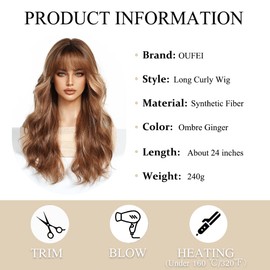 OUFEI Long Wavy Ombre Ginger Wigs for Women with Bangs Natural Synthetic Hair Heat Resistant Wigs for Daily Party Cosplay Wear