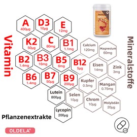OLDELA Multivitam Plus - Multivitamin & Mineral with Lutein & Lycopene - 24 Ingredients - Produced in Germany (60 Capsules)