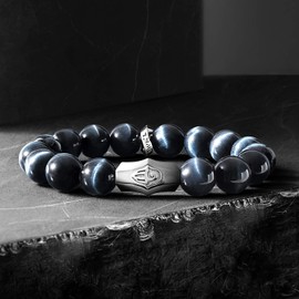 AWNL Men's Hawk Eye Beaded Bracelet Premium Sterling Silver Hamsa Hand Charm Natural Gemstones (10mm) Elastic Cord Bracelet for Men, 6.3"-6.7"