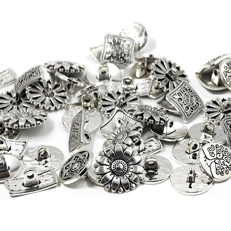 50PCS Engraved Flower Metal Buttons, 5 Styles Vintage Style Silver