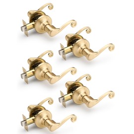 EHOMEWARE 5 Pack Gold Door Handles Indoor, No Lock Hall/Closet Door Knob, Passage Door Lever Without Key, Satin Brass Finish, Right Sided Open Doors