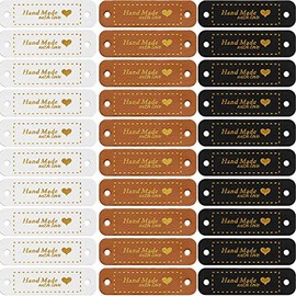 30 Pieces Handmade Tags PU Leather Tags for Crochet Items Made with Love Tags Handmade Tags for Crochet Knit Accessories with Holes for DIY Crafts Sewing Crochet Knitting Hats (Brown, Black, White)