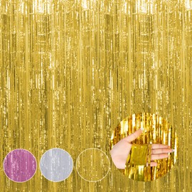 3 Pack 3.2ft*8.2ft Foil Fringe Curtain Gold Foil Curtain Gold Birthday Decorations, Shimmer Wall Backdrop Door Streamers Party Decorations Gold Party Decorations Birthday Wedding Party Backdrop Golden