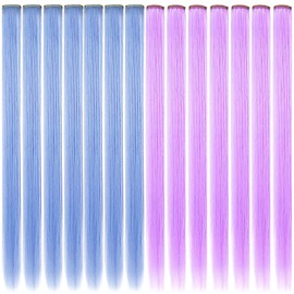 ZHAOWWEI Pack of 14 Princess Colourful Extensions Multicoloured Party Highlights Stripes Synthetic Hairpieces Clip-In/Clip On Coloured Hair Extensions (Light Blue Light Purple)