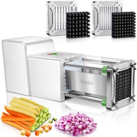 Sopito French Fry Cutter Electric - Stainless Steel Vegetable & Fruit Chopper with 1/2 & 3/8 Inch Blades for Potatoes, Carrots, Cucumbers & Onions