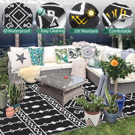 Zstar Waterproof Outdoor Rug, 9x18ft Reversible Plastic Straw Rugs, Boho Patio Rug, Large Floor Mat and Rug for Patio Deck Balcony Picnic Beach Outdoor Decor, Black & White