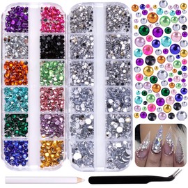 GZMAYUEN Rhinestones Nail Set, Multicoloured Glitter Stones for Nails, Silver Nail Rhinestones for Nail Art, with Pick Up Tweezers and Rhinestone Picking Pen