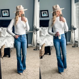 OUGES Women's White Sweaters 2023 Fall Fashion Tops Turtleneck Knit Long Sleeve Shirts (White, M)