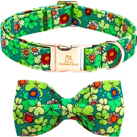 Lionheart glory St.Patrick's Day Dog Collar-Lucky Clover Shamrock Dog Bow Collar for Small Dogs Spring Green Trefoil Dog Collar with Bowtie Adjustable Heavy-Duty Puppy Collar Pet Gift Girl Boy