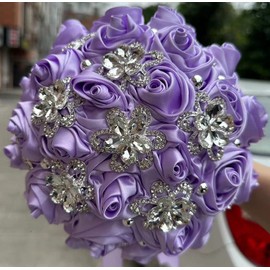 Sharebeauty 8.3" Handmade Satin Rose Bridal Bouquet Toss Round Wedding Bouquet Throw Toss Artificial Flower Bunch Light Purple