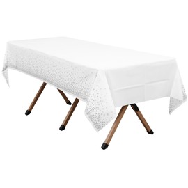 dinexlence 2 Pack Silver Polka Dots White Premium Plastic Tablecloth Rectangle 54 x 108 Inches Reusable Silver Spot Decorative White Table Cover for Dining, Wedding, Party, Indoor and Outdoor use
