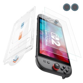 Switch 2 保護フィルム 【2枚セット+簡単ガイド枠付き+ジョイスティックキャップx1組】高精細強化ガラスフィルム｜完全フィット設計｜全面保護｜滑らかな手触り｜指紋防止