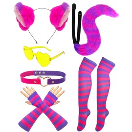 6Pcs Cat Costume Accessories Pink and Purple Striped, Cat Ears Headband Socks Furry Tail Gloves Glasses Animal Cosplay Gifts for Party Dress-up Adult Women