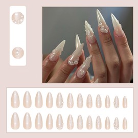RIICFDD 24 Pcs Long Press on Nails Almond Fake Nails Pure White Nails Press ons 3D Shell Stick on Nails Rhinestone Pearl Nail Charms Full Cover Glossy False Nails for Women Acrylic Nails