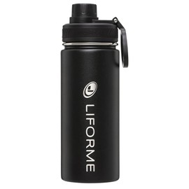Liforme Portable Water Bottle, Leakproof Screw Cap, Lightweight, Eco-Friendly, Hot/Cold Vacuum Insulation, Sweat-free Double Wall Design, BPA Free, 520ml - Black