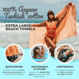 Toalla de playa turca Nova Blue (37 x 69) - Toalla de playa en zigzag naranja, 100% algodón turco - Toallas de playa resistentes a la arena con diseños únicos - Toallas de baño turcas de secado rápido