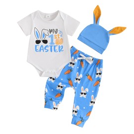 DSOKUHIB Newborn Baby Boy Girl Easter Outfit My First Easter Short Sleeve Romper Bunny Carrot Pants Hat 3Pcs Clothes Set (Blue, 6-12 Months)