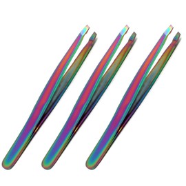 OdontoMed2011® Set of 3 Multi Titanium Color Rainbow Eyebrow Tweezers 'slant' Tip Stainless Steel Pack