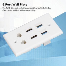Cat 6 Ethernet Wall Plate, 6 Ports Removable RJ45 Ethernet Wall Plate, Compatible with Cat6/5/5e Ethernet Devices, with Standard Size, for HDTV Projector Computer