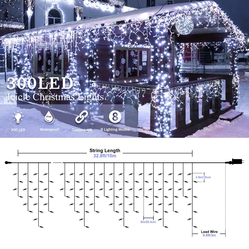 oopswow Icicle Lights Outdoor Decorations 300 LED 33ft 8 Modes