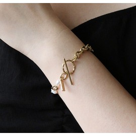 DAINTY Women Girl Titanium Stainless Steel Baroque Pearl Gold Chain Bracelet 6.5"