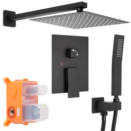 Matte Black Square Shower Head with Handheld Set, Rainfall Shower System Modern Wall Mounted Shower Faucet for Bathroom 10 inch (With Shower Valve)