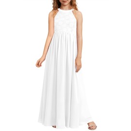 HOSIKA Girls White Dress Elegant Halter Neck High Waist Lace Long First Communion Dress for 6-13Y