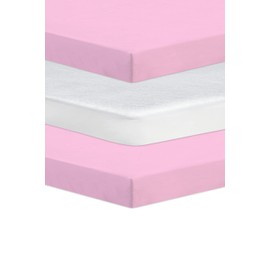 Next To Me Compatible Crib 3 Pack (83-85 x 50-51 cm) - 2x 100% Pure Cotton Crib Fitted Sheets & 1 Waterproof Mattress Protector with 150 GSM Terry Fabric (Pink)