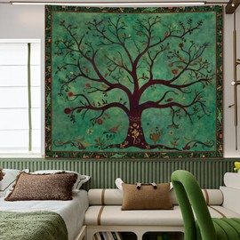 Avinyl Green Tree of Life Tapestry for Bedroom Aesthetic, Vintage Boho Tree Wall Art Tapestries, Hippie Bohemian Nature Floral Backdrop Wall Hanging for Living Room Dorm Home Decor 51in X 60in