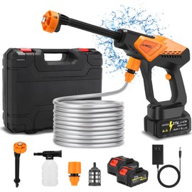 AOODIL Cordless Pressure Washer Battery Powered, 6 in 1 Nozzle Portable Power Washer with 2 Batteries, 600PSI Cordless Power Washer with 5m Hose, Hard Carry Case for Car, Home & Garden
