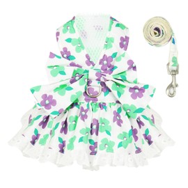 ABRRLO Cute Floral Dog Harness Dress and Leash Set for Small Dog Cats Girl Puppy Bowknot Princess Birthday Dress Summer Female Pet Small Dog Clothes Lace Doggie Kitten Outfits Apparel(Green,S)